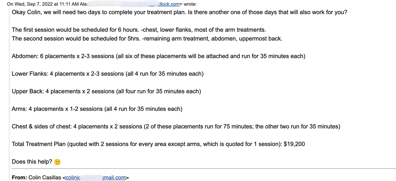 Screenshot of a $19,200 CoolSculpting treatment plan email sent to Colin Casillas in September 2022