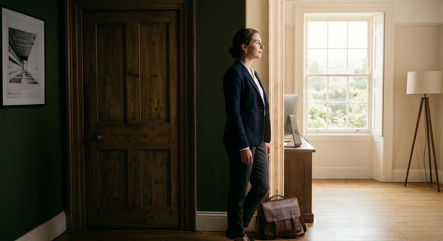 A professional woman in a navy blazer pausing at a doorway, looking toward the light, briefcase in hand.