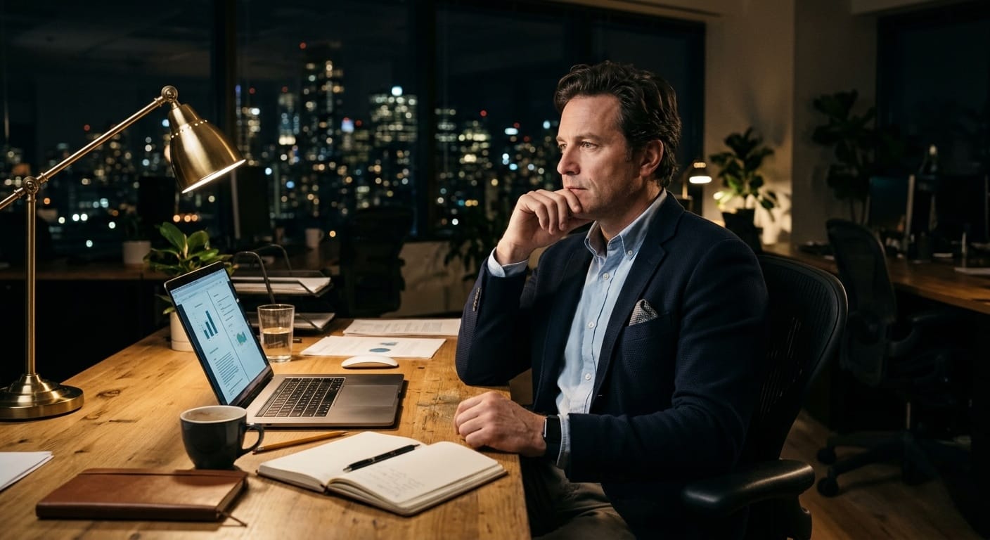 An executive sits at his desk late at night, city skyline glowing behind him, hand to chin, deep in thought.